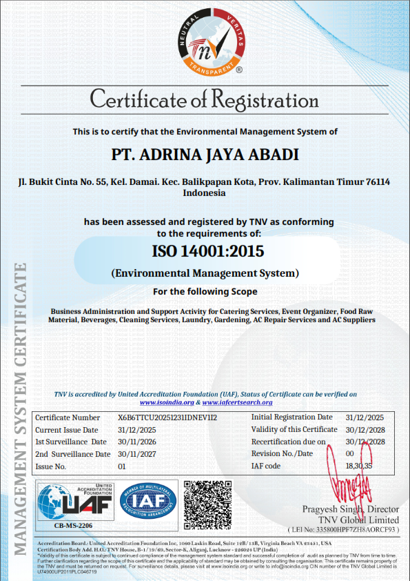 Sertifikat ISO 14001:2015 PT Adrina Jaya Abadi