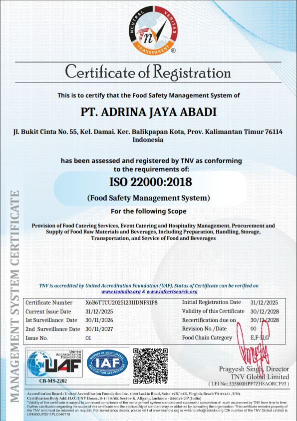 Sertifikat ISO 22000:2018 PT Adrina Jaya Abadi