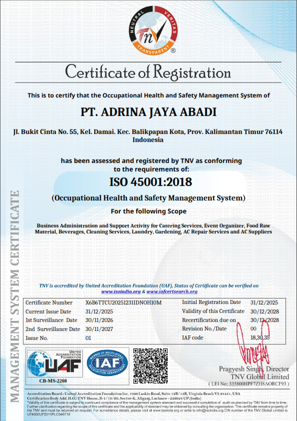 Sertifikat ISO 45001:2018 PT Adrina Jaya Abadi